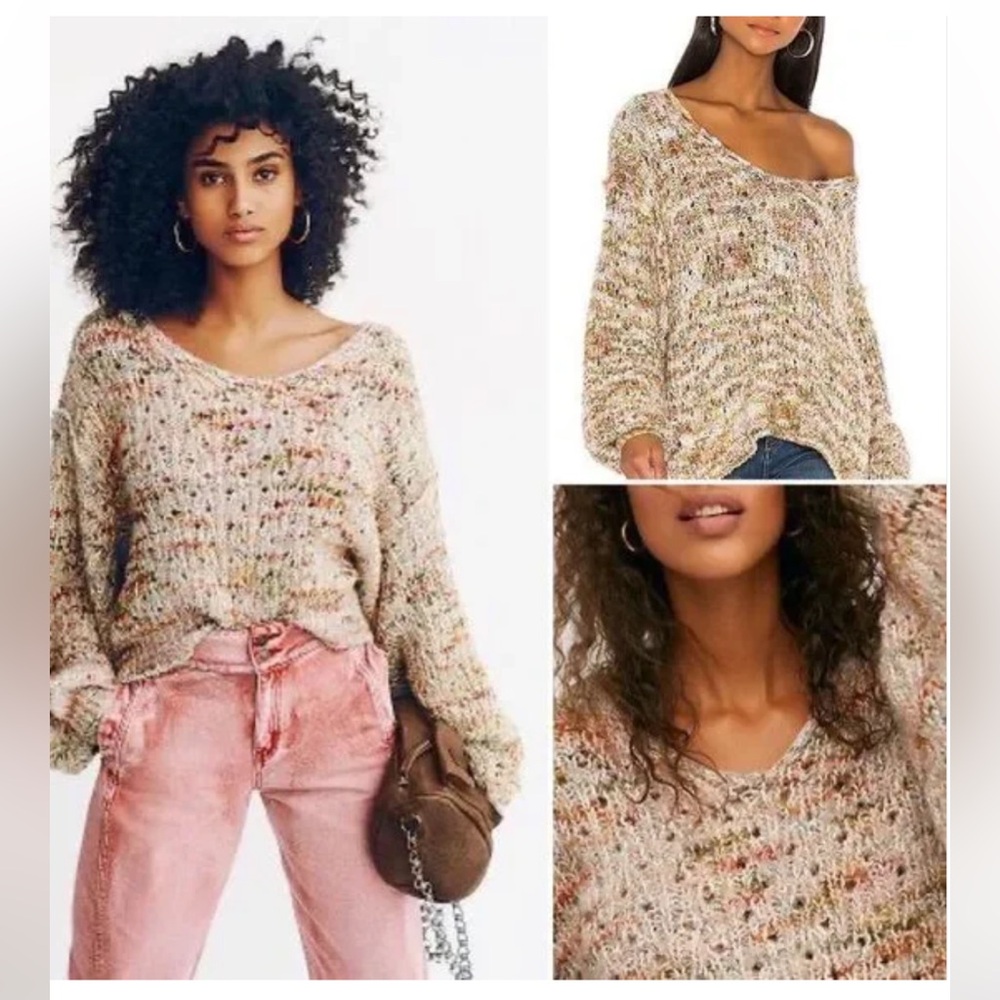 Free People High-Land Slounchy Open Knit V-neck Multicolor Sweater Sz S